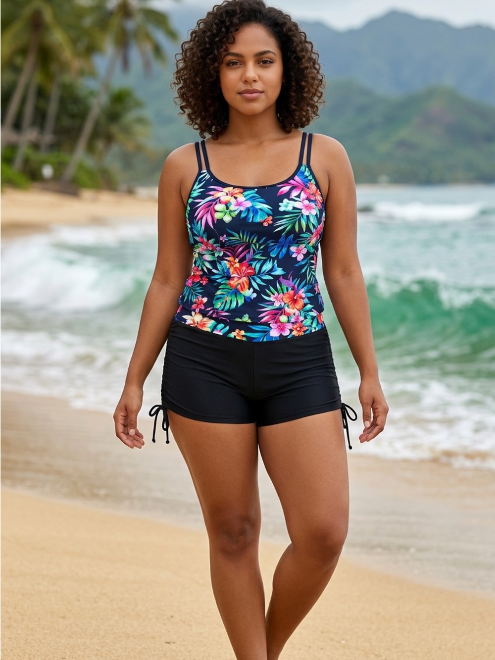 🚘 🆕 Younique Navy Floral Tankini with Black Swim Shorts size XXL - Picture 14 of 16